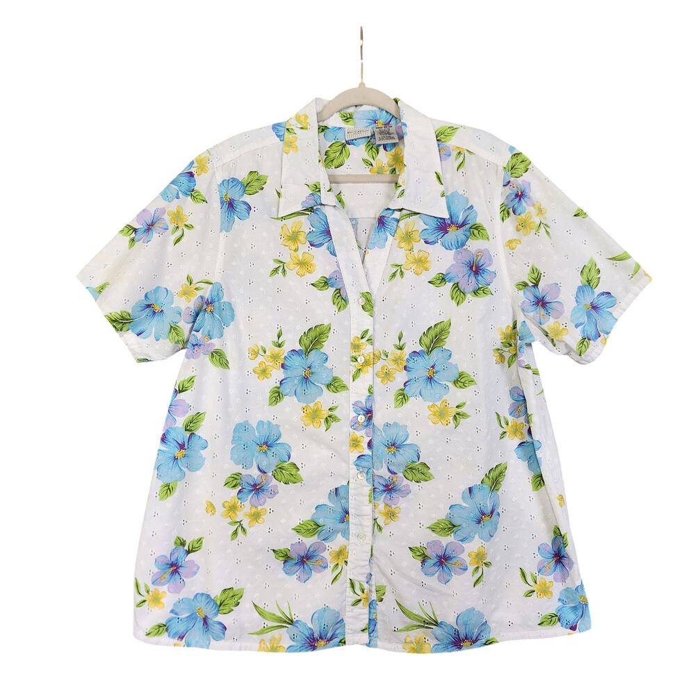 White Stag Womens Eyelet Floral Button Front Blouse Plus Size 18/20W White Blue